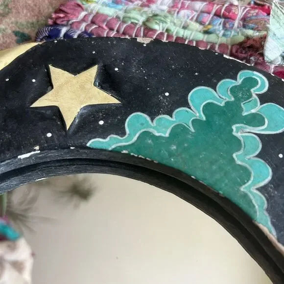 Vintage 90s 11.5" Handcarved Celestial Moon Stars Wall Mirror Indonesia Whimsy - Picture 14 of 16